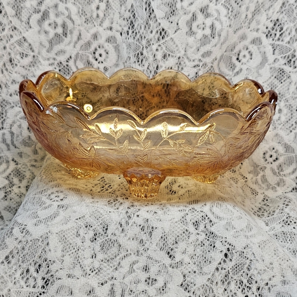 Jeanette Glass • Floragold Louisa Footed Bowl • Iridescent Amber •Vintage •1950s